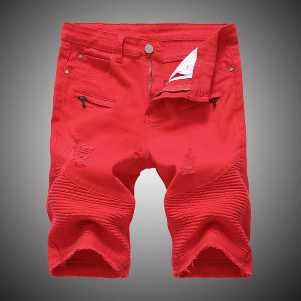 Men's Biker Denim Shorts 2019 Summer White Red Jeans Shorts Men Hip Hop Moto Brand Designer Skinny Ripped Hole Shorts WY268