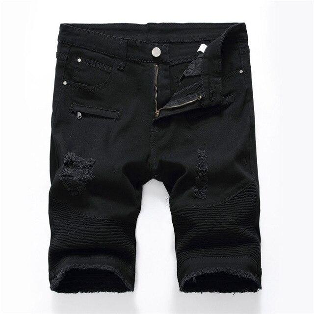 Men's Biker Denim Shorts 2019 Summer White Red Jeans Shorts Men Hip Hop Moto Brand Designer Skinny Ripped Hole Shorts WY268