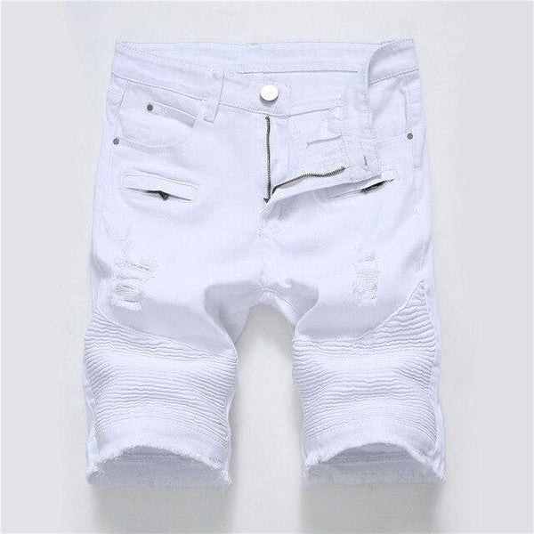 Men's Biker Denim Shorts 2019 Summer White Red Jeans Shorts Men Hip Hop Moto Brand Designer Skinny Ripped Hole Shorts WY268