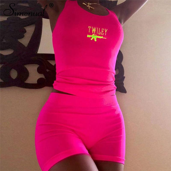 Simenual Letter Embroidery 2 Piece Set Women Casual Neon Color Tracksuits Summer Streetwear Crop Top And Shorts Sets Fashion New