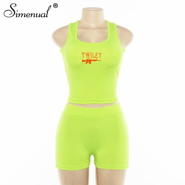 Simenual Letter Embroidery 2 Piece Set Women Casual Neon Color Tracksuits Summer Streetwear Crop Top And Shorts Sets Fashion New