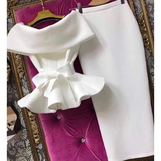 New Women Short Sleeve Ruffle Hem Shirts Bow 2 Piece Set Solid Lace Up Off Shoulder Tops and Bodycon Skirt Sexy Club Party Suits