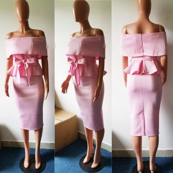 New Women Short Sleeve Ruffle Hem Shirts Bow 2 Piece Set Solid Lace Up Off Shoulder Tops and Bodycon Skirt Sexy Club Party Suits