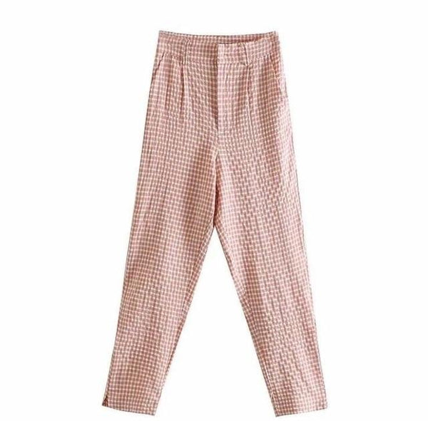 2019 Pink Plaid Suit Sets Single Button Blazer High Waist Harem Pants Office Lady Formal Summer Two Piece Set