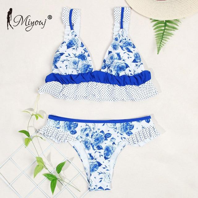 Miyouj Sexy Floral Bikini Hollow Out Swimsuit Stripe Cross String Swimwear Biquinis Feminino 2019 Bathing Suit Women Bikini Set