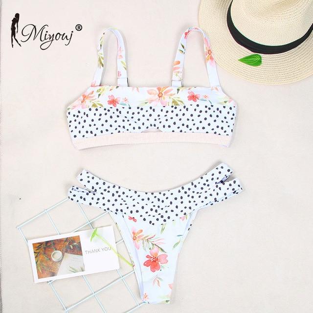Miyouj Sexy Floral Bikini Hollow Out Swimsuit Stripe Cross String Swimwear Biquinis Feminino 2019 Bathing Suit Women Bikini Set