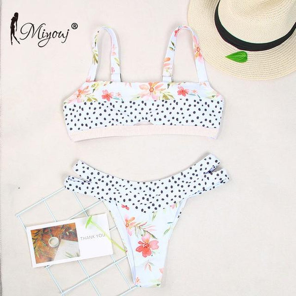 Miyouj Sexy Floral Bikini Hollow Out Swimsuit Stripe Cross String Swimwear Biquinis Feminino 2019 Bathing Suit Women Bikini Set