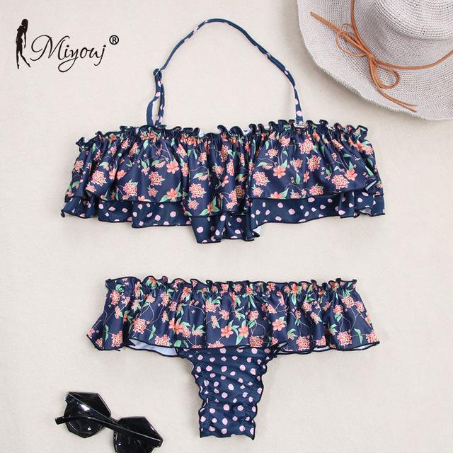 Miyouj Sexy Floral Bikini Hollow Out Swimsuit Stripe Cross String Swimwear Biquinis Feminino 2019 Bathing Suit Women Bikini Set