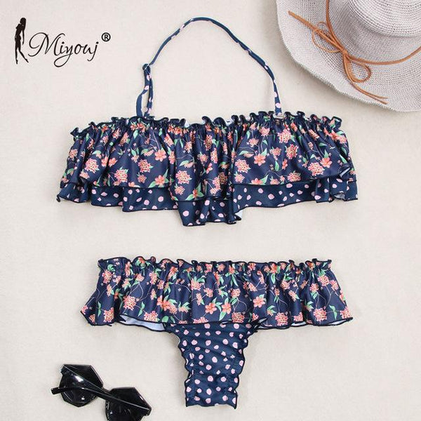 Miyouj Sexy Floral Bikini Hollow Out Swimsuit Stripe Cross String Swimwear Biquinis Feminino 2019 Bathing Suit Women Bikini Set