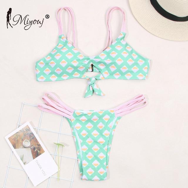 Miyouj Sexy Floral Bikini Hollow Out Swimsuit Stripe Cross String Swimwear Biquinis Feminino 2019 Bathing Suit Women Bikini Set