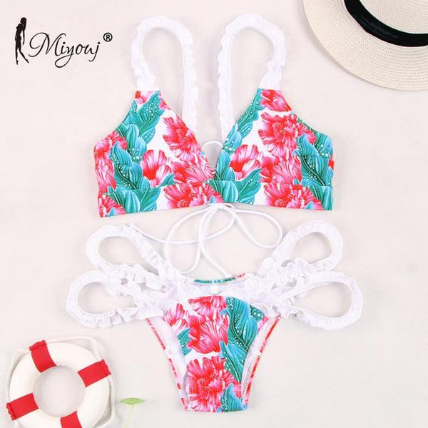 Miyouj Sexy Floral Bikini Hollow Out Swimsuit Stripe Cross String Swimwear Biquinis Feminino 2019 Bathing Suit Women Bikini Set