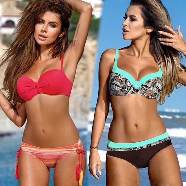 2019 Solid Bikini Set Sexy Bikinis Push Up Swimsuit Women Halter Top Swimwear Printing Ladies Plus Size Beach Wear Biquini