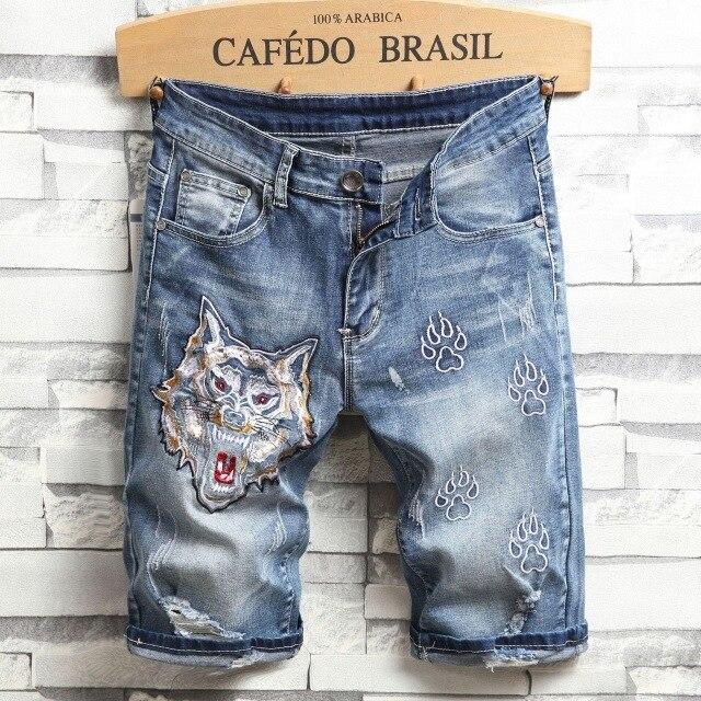 2019 New Arrive Men's Embroidery Ripped Short Jeans Summer Casual Wolf Pattern Slim Fit Straight Knee Length Brand Denim Shorts