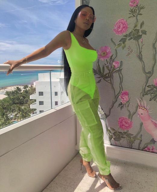 ANJAMANOR Sexy Two Piece Set Bodysuit Top and Mesh Pants Neon Pink Green Summer 2 Piece Club Outfits Matching Sets D59-AB72