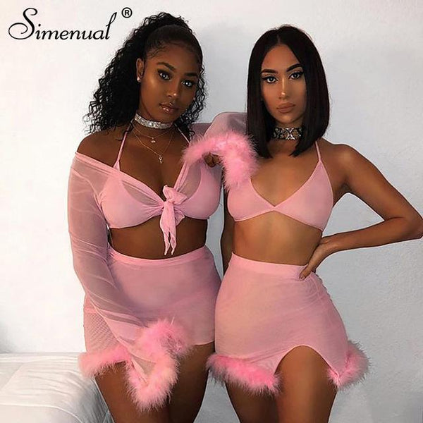 Simenual Neon Color Sexy Women Two Piece Outfits Hot Side Slit Party Matching Sets Backless Bralette And Mini Skirt Set Summer