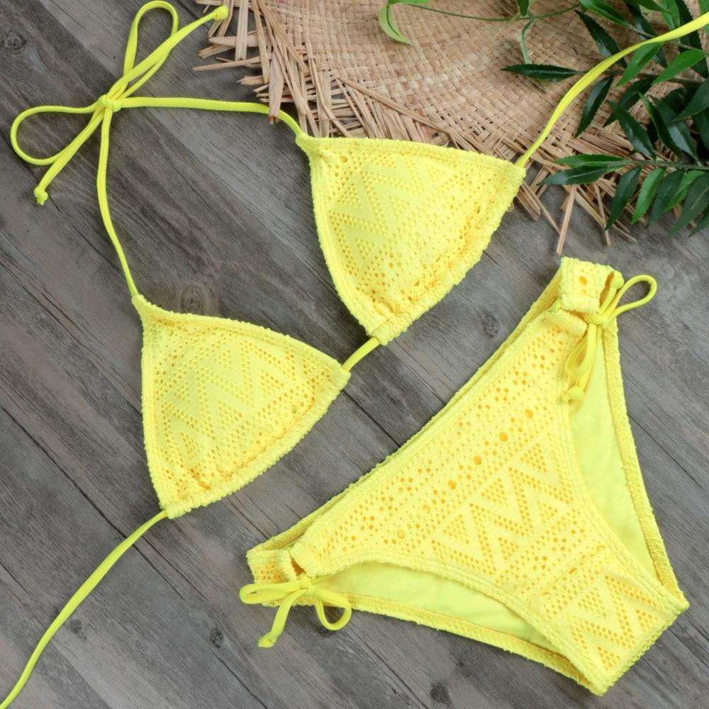 2019 Girls Sexy Lace Bikini Set Swimwear Yellow Push Up Swimsuit Monokini Female Beachwear Micro Brazilian Bikini Bathing Suit