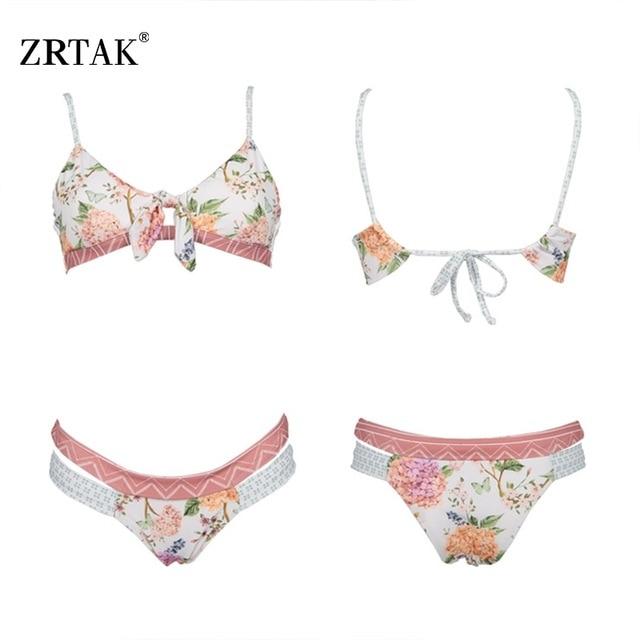 Zrtak Ruffle Bikini Bandage Floral Bow Swimsuit Female Swimwear Print Lace UP Biquini Feminino Bathing Suit Women Bikini Set