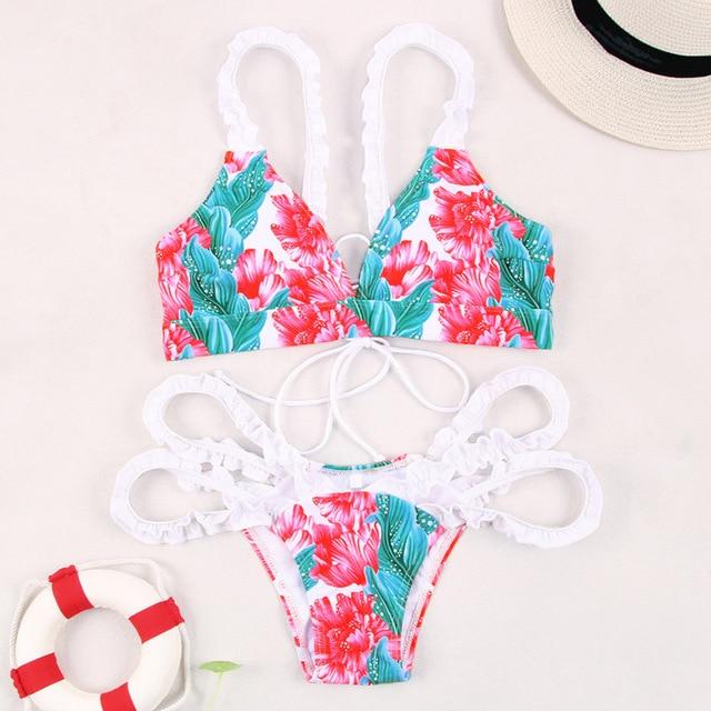 Zrtak Ruffle Bikini Bandage Floral Bow Swimsuit Female Swimwear Print Lace UP Biquini Feminino Bathing Suit Women Bikini Set