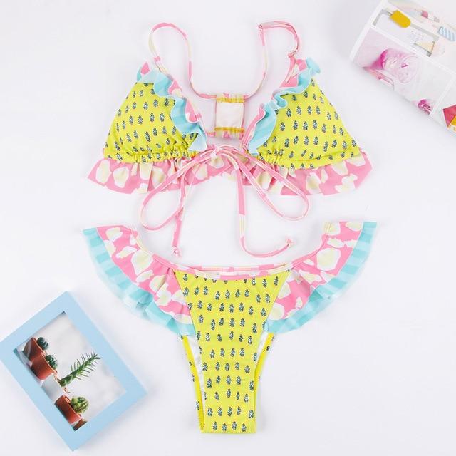 Zrtak Ruffle Bikini Bandage Floral Bow Swimsuit Female Swimwear Print Lace UP Biquini Feminino Bathing Suit Women Bikini Set