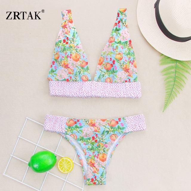 Zrtak Ruffle Bikini Bandage Floral Bow Swimsuit Female Swimwear Print Lace UP Biquini Feminino Bathing Suit Women Bikini Set