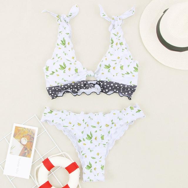 Zrtak Ruffle Bikini Bandage Floral Bow Swimsuit Female Swimwear Print Lace UP Biquini Feminino Bathing Suit Women Bikini Set